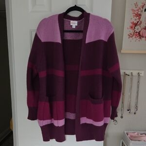 LuLaRoe Women's Peyton Cardigan - Deep Purple and Pinkish Stripes--XL